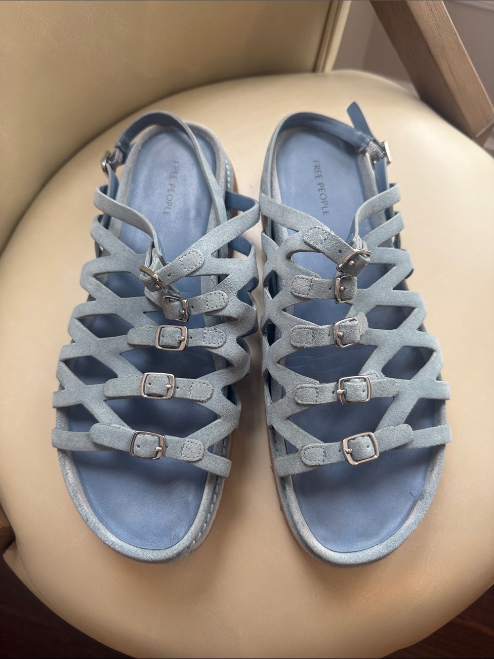 Free People Powder Blue Suede Multi-Strap Buckle Sandals
